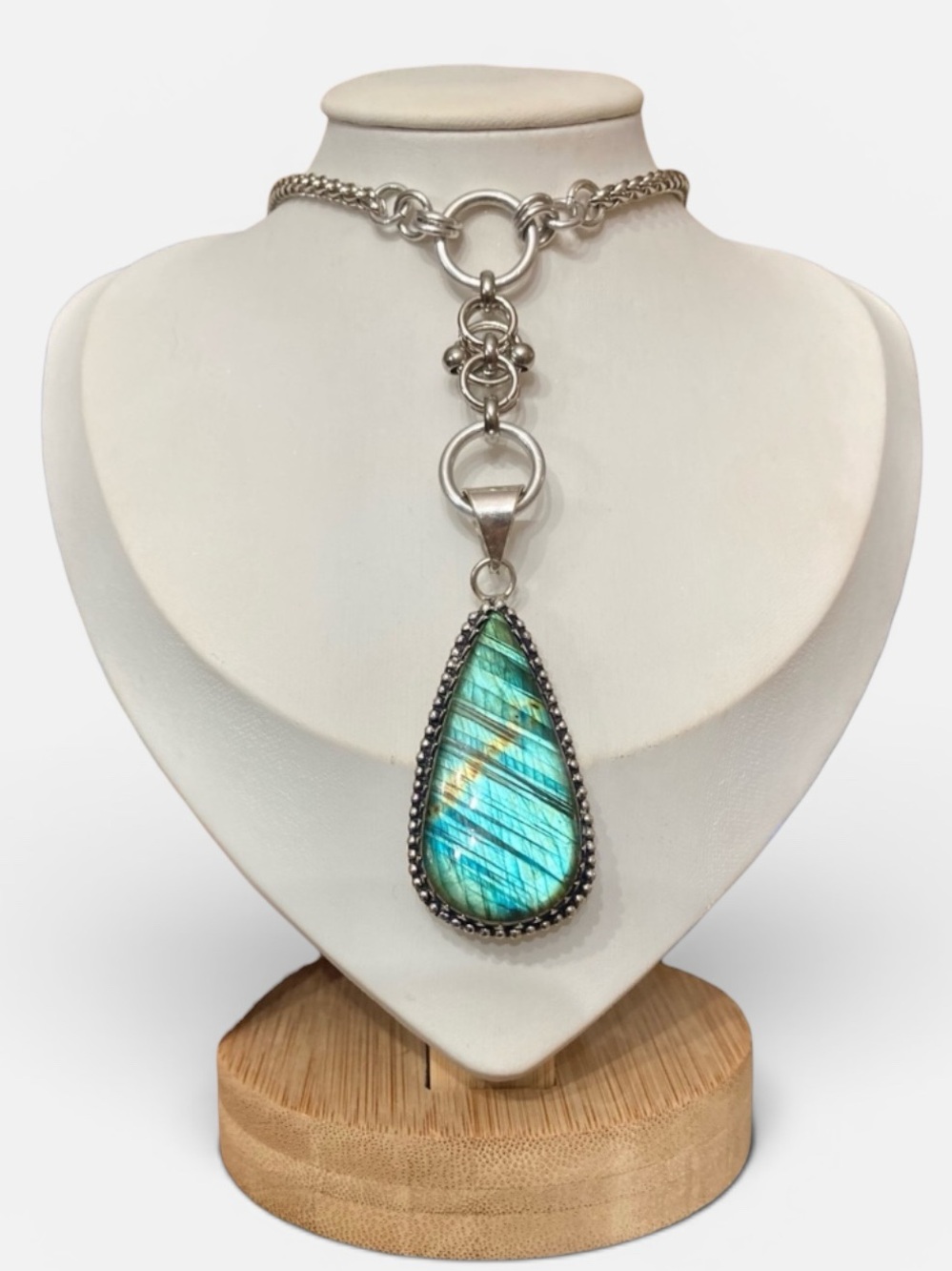 Iridescent flash labradorite gemstone celtic knot lariat Y shape necklace. - Picture 2 of 15